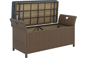 Outsunny 2-In-1 Patio Wicker Storage Bench, 29 Gallon Outdoor PE Rattan Patio Furniture, Large Capacity Rectangle Basket Box 