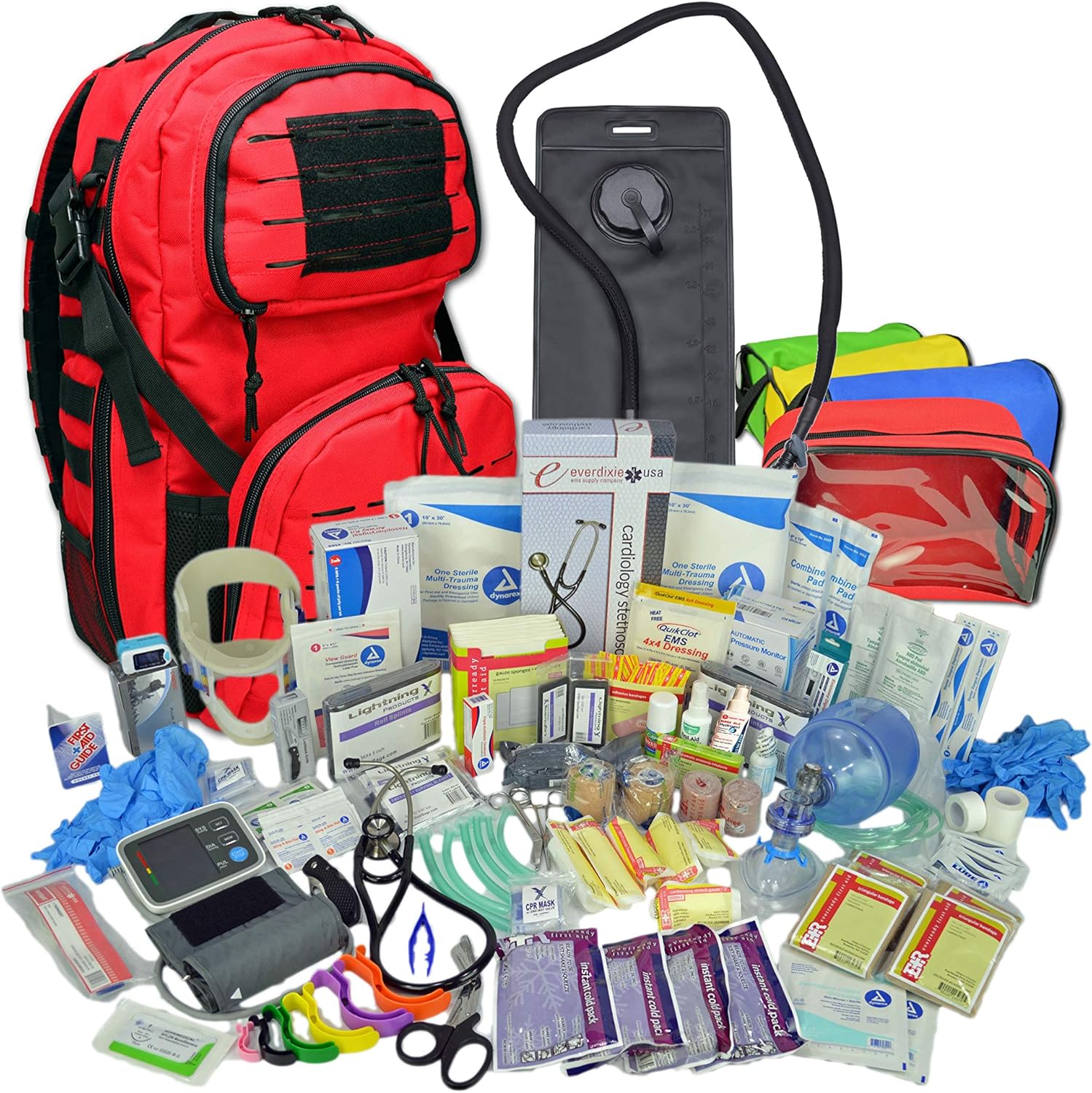 Lightning X Premium Stocked Tactical EMS/EMT Trauma First Aid Responder Medical Kit Backpack (Red w/Hydration Bladder): Health & Personal Care