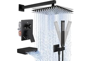 KES Shower Faucet Set Shower System with Waterfall Tub Spout Pressure Balance 3-Function with 10 Inch Square Rain Black Showe