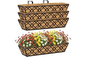 Y&M Flower Boxes for Deck Railings 24inch 4packs, Deck Railing Planter Boxes with Coir Liner Outdoor Railing Window Boxes Pla