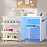 HNEBC Smart Folding Sewing Table with LED Lights &amp; Motion Sensor(White) | Craft Table with 2 AC Outlets &amp; USB Ports, Compact Sewing Machine Desk with Storage Shelves and 6 Wheels for Home