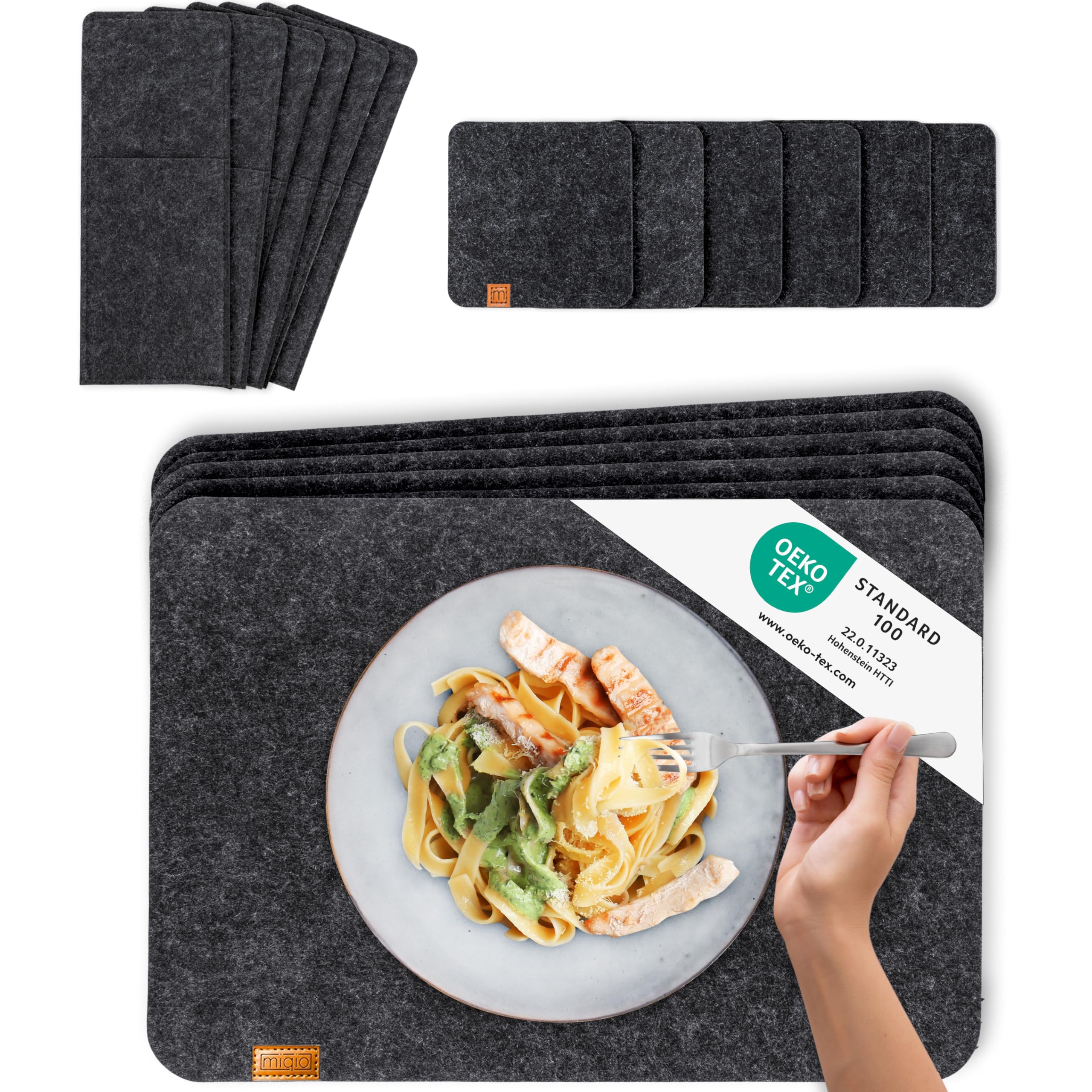 MIQIO® Scandi Style Felt Place Mats with real Leather Label - Washable | Set of 6 Felt Placemats 44x30 cm, Cuttlery Bags, Glass Coasters | Table Mats for Easter Table Decoration | Dark Grey