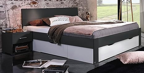Bloominghome Bett mit 4 Schubkästen grau metallic-alpinweiß 180 x 200 cm Schubladenbett Funktionsbett
