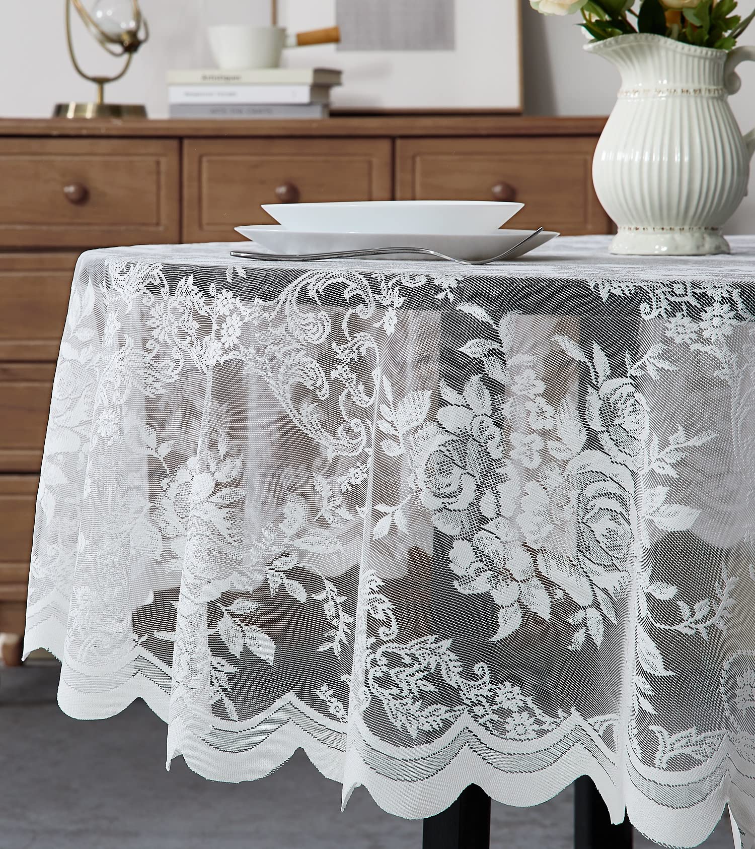 Photo 1 of Warm Home Designs 70 Inch Round Tablecloth with English Rose Design. Use as Circle Tablecloth, Rustic Tablecloth or as Elegant Lace Table Cloth. Ivory Table Clothes for 4-6 Guests. LTC Ivory 70"