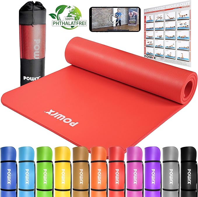 Powrx Exercise Mat Yoga and Pilates Mat, Red, 190 x 100 x 1.5 cm
