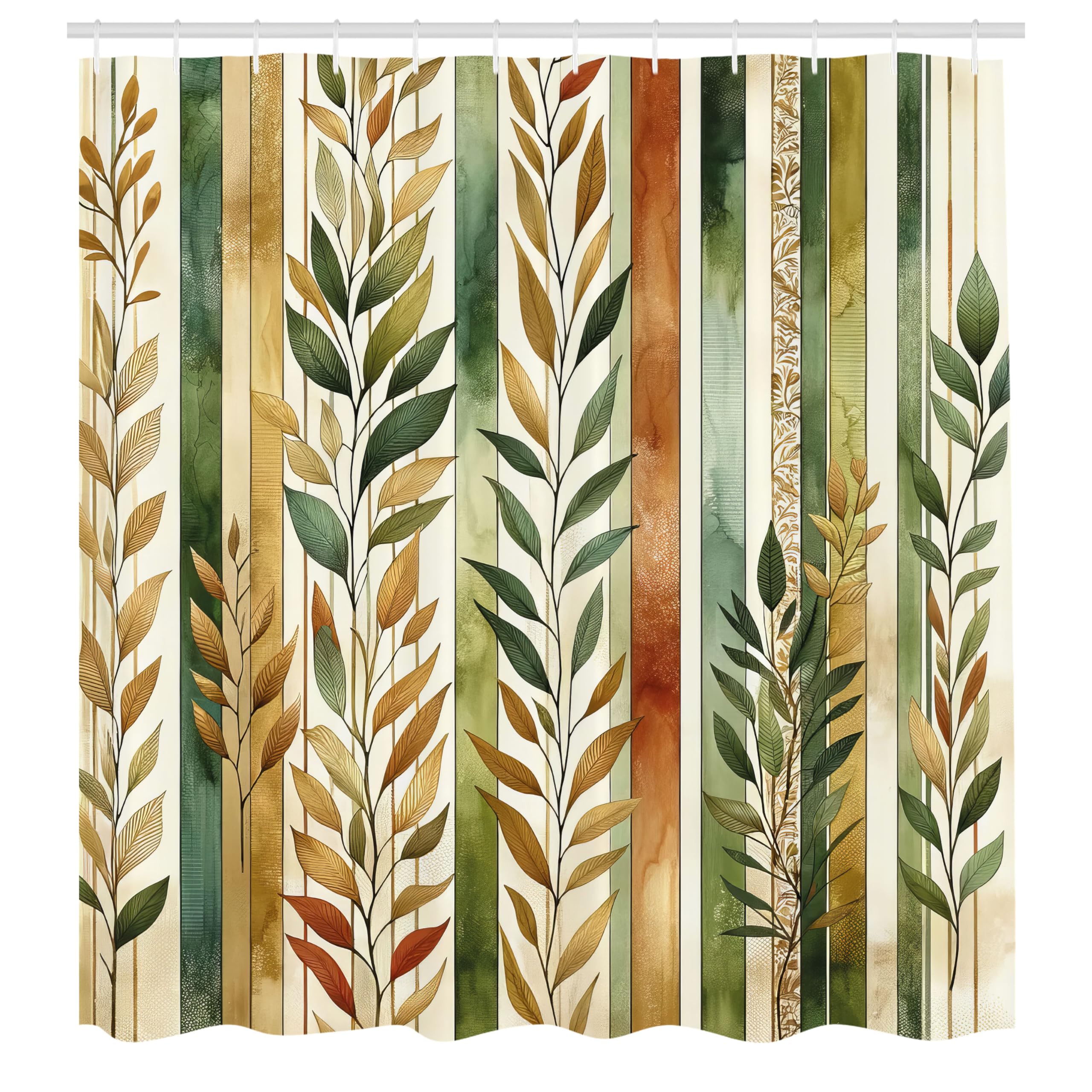 ABAKUHAUS Striped Shower Curtain, Modern Leafy Jungle Lines, Cloth Fabric Bathroom Decor Set with Hooks, 175 x 200 cm, Green Khakis Cinnamon