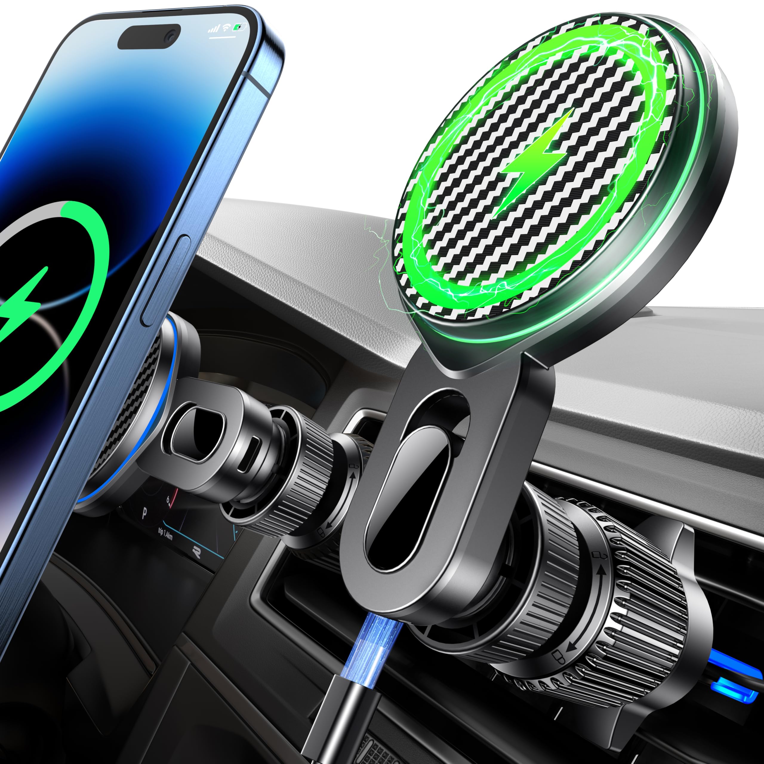 Qifutan for 15W Magsafe Car Mount Charger No Blocking of Air Vent Wireless Car Charger Automotive Accessories Magnetic Phone Holder for Car Fits for iPhone 15 14 13 12 Pro Max Android Smartphone