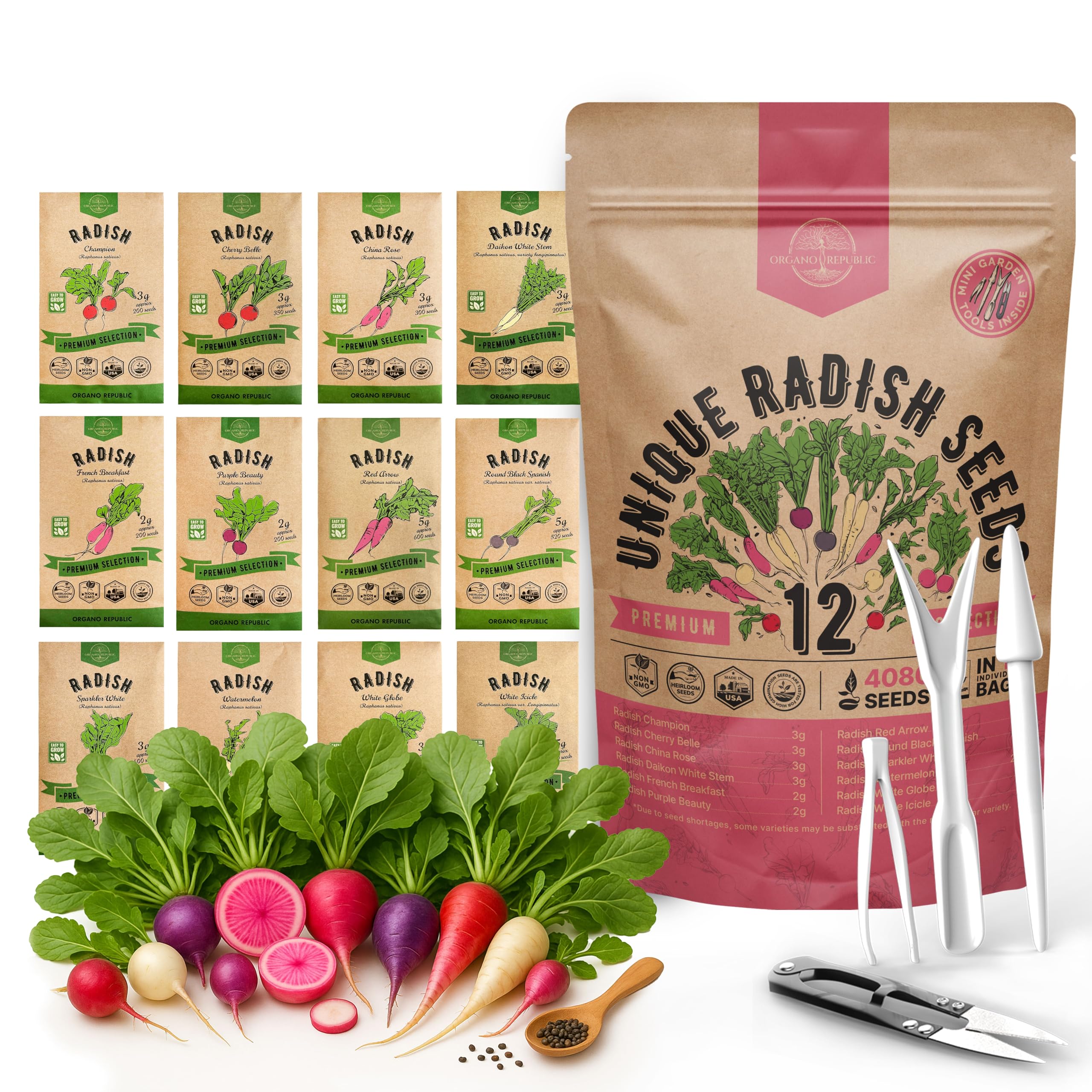 Photo 1 of Organo Republic 12 Radish Seeds Variety Pack for Indoor & Outdoors 2400+ Heirloom Non-GMO Radish Garden Seeds: Daikon, Cherry Belle, French, Breakfast, Champion, Purple, Watermelon Radishes Seeds