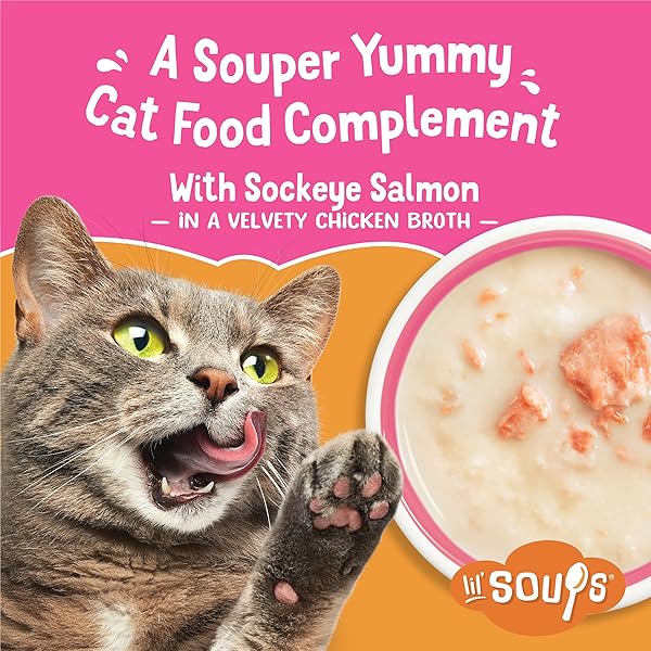 PURINA FRISKIES GRAIN FREE LICKABLE CAT FOOD TOPPERS LIL’ SOUPS WITH SOCKEYE SALMON IN CHICKEN BROTH – (PACK OF 8) 1.2 OZ. CUPS