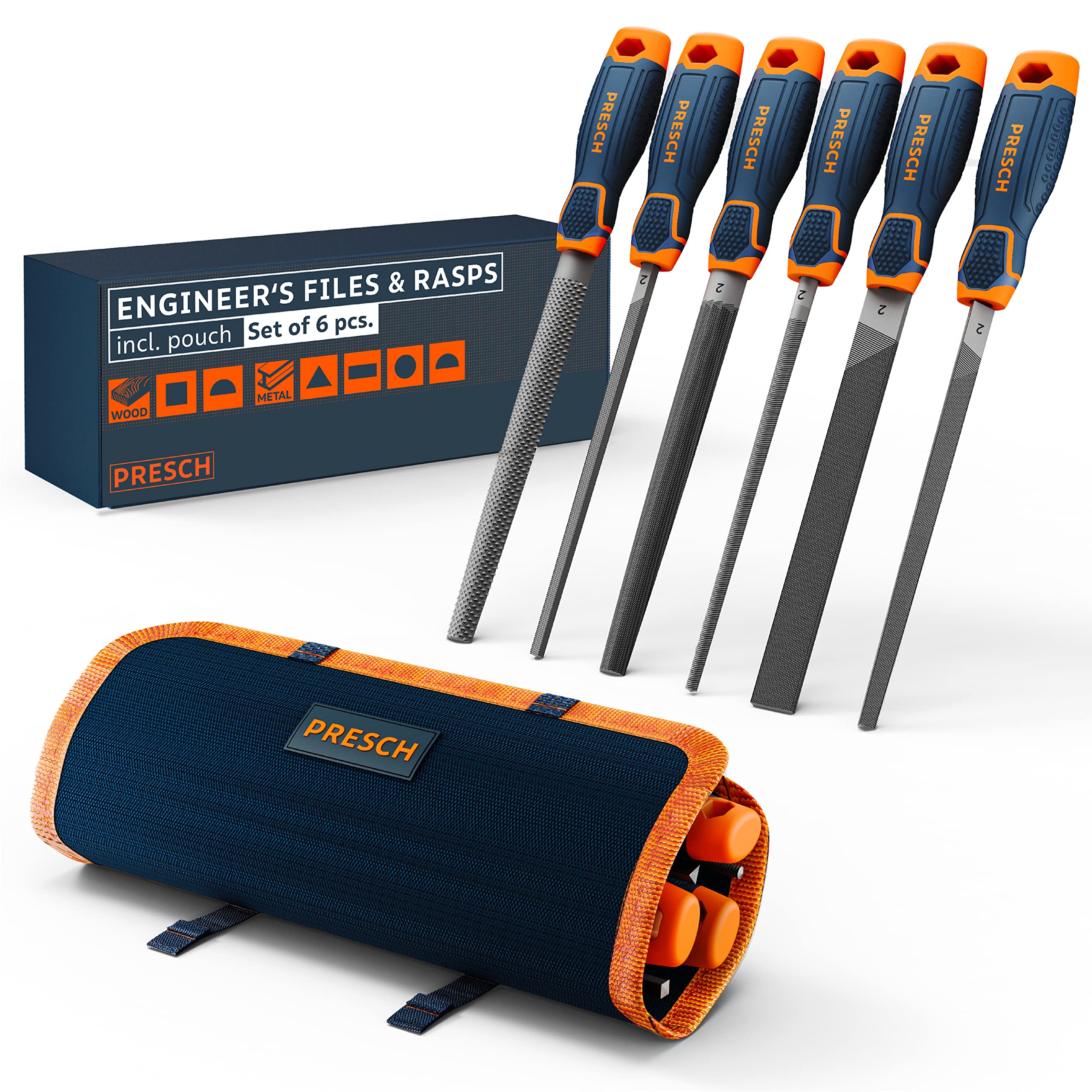 Presch File Set Metal and Wood 6 pcs. with Bag - Professional File Set incl. Half-Round rasp, Flat Stump File, Half-Round File, Round File, Triangular File and Square File — image 1