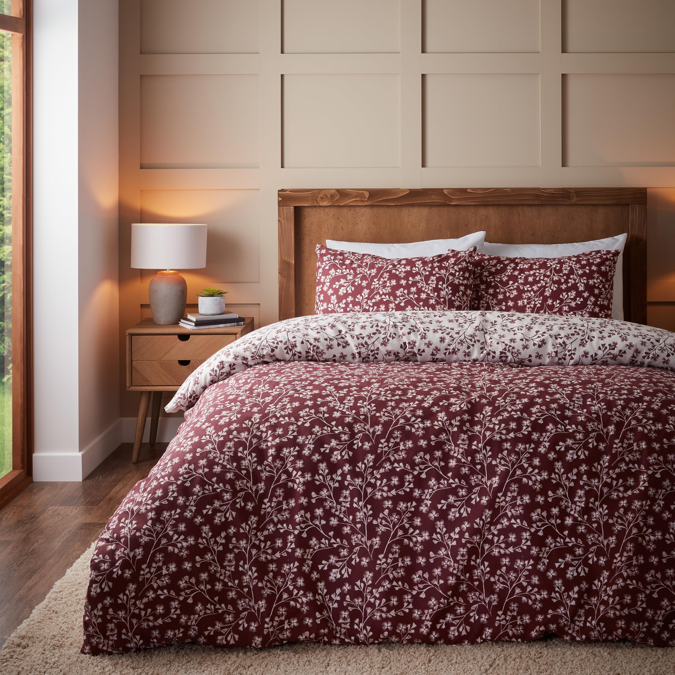 Catherine Lansfield Brushed Grace Floral Leaf Cotton Reversible Single Duvet Cover Set with Pillowcase Red
