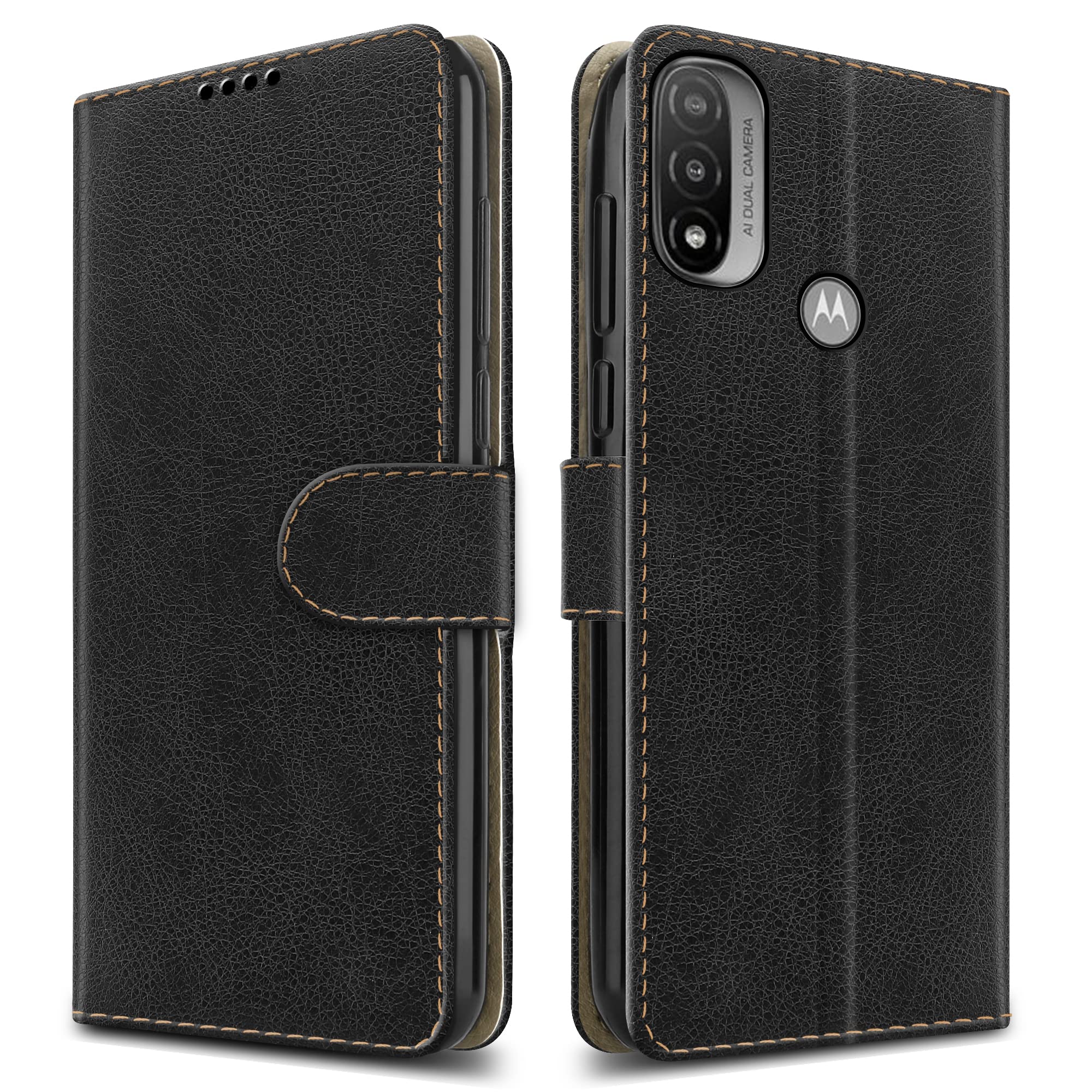For Motorola E20 / E30 / E40 Leather Phone Case, Magnetic Closure Full Protection Book Folio Design, Wallet Case Cover [Card Slots] and [Kickstand] For Motorola E30 / Moto E20 / Moto E40 - Black