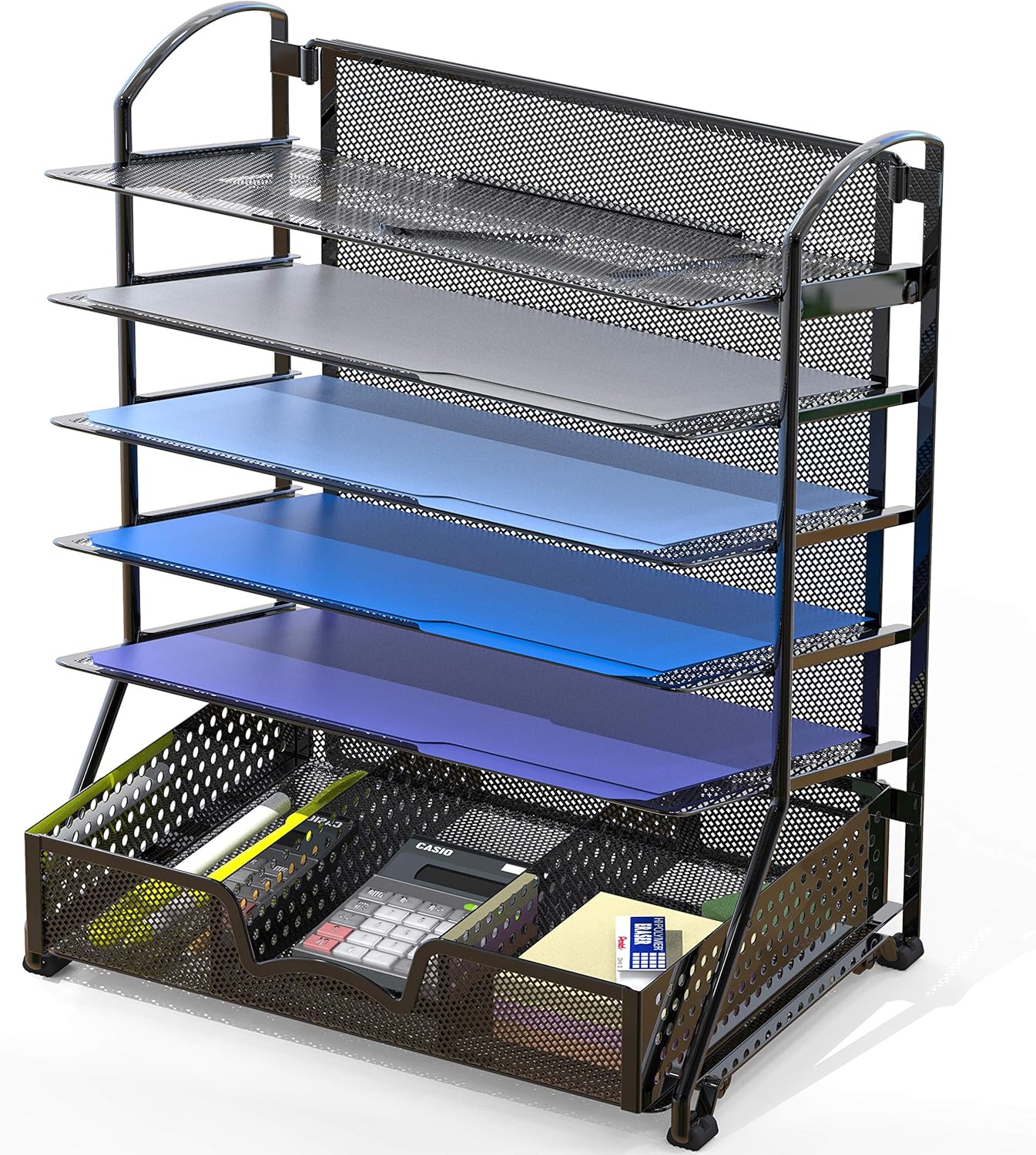 SimpleHouseware 6 Trays Desk Document File Tray Organizer with Supplies Sliding Drawer, Black : Office Products