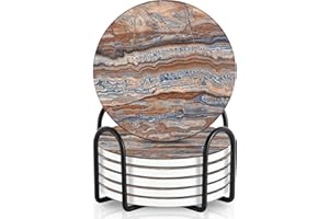 EMERSON ESSENTIALS Emerson Coasters for Drinks Absorbent – Natural Stone Drink Coasters Set with Holder, Coasters for Coffee Table, Wooden Tabletop Protection Marble Style – 100% Heavy Duty Set of 6 (Terra)