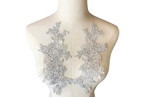 Heyiwell Gray Sequin Embroidered Applique Flower Patches for Sew on Bridal Wedding Ballet Dress Lace Decor 1 Pair, 11"x3.93" Inch