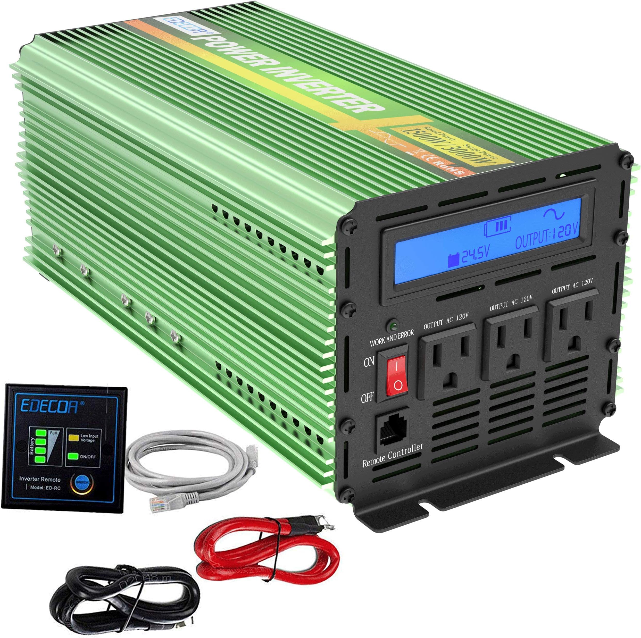 EDECOA 1500W Peak 3000 watt Power Inverter Pure Sine Wave Car Power Inverter DC 24V to 110V AC with Remote Control and LCD Display