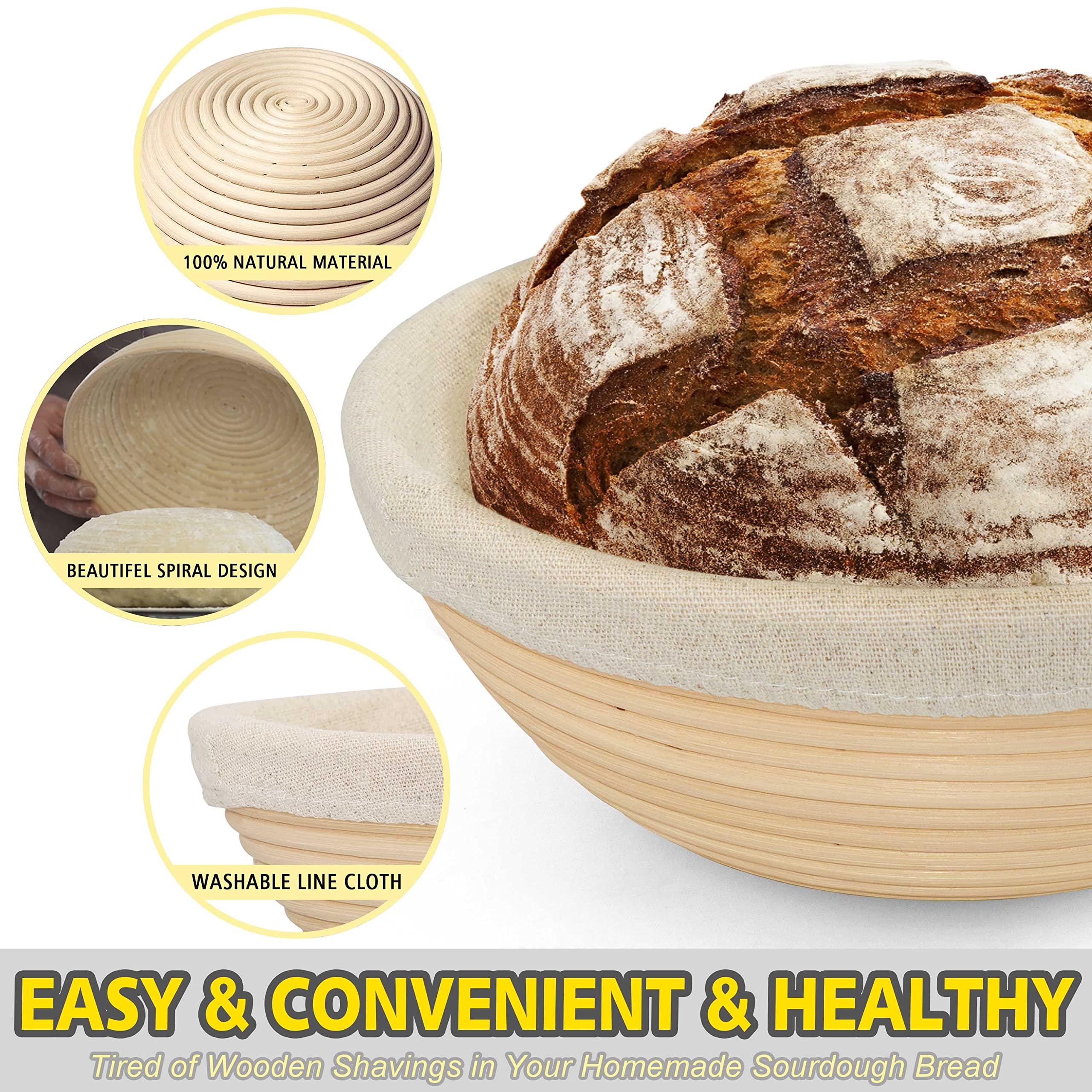 Anaeat 25 cm Brot-Banneton-Gärkorb-Set – runder Sauerteig-Gärkorb aus 100% natürlichem Rattan mit Lahmbrot, Teigschaber und Leineneinlage für professionelle Bäcker und Heimbäcker 2