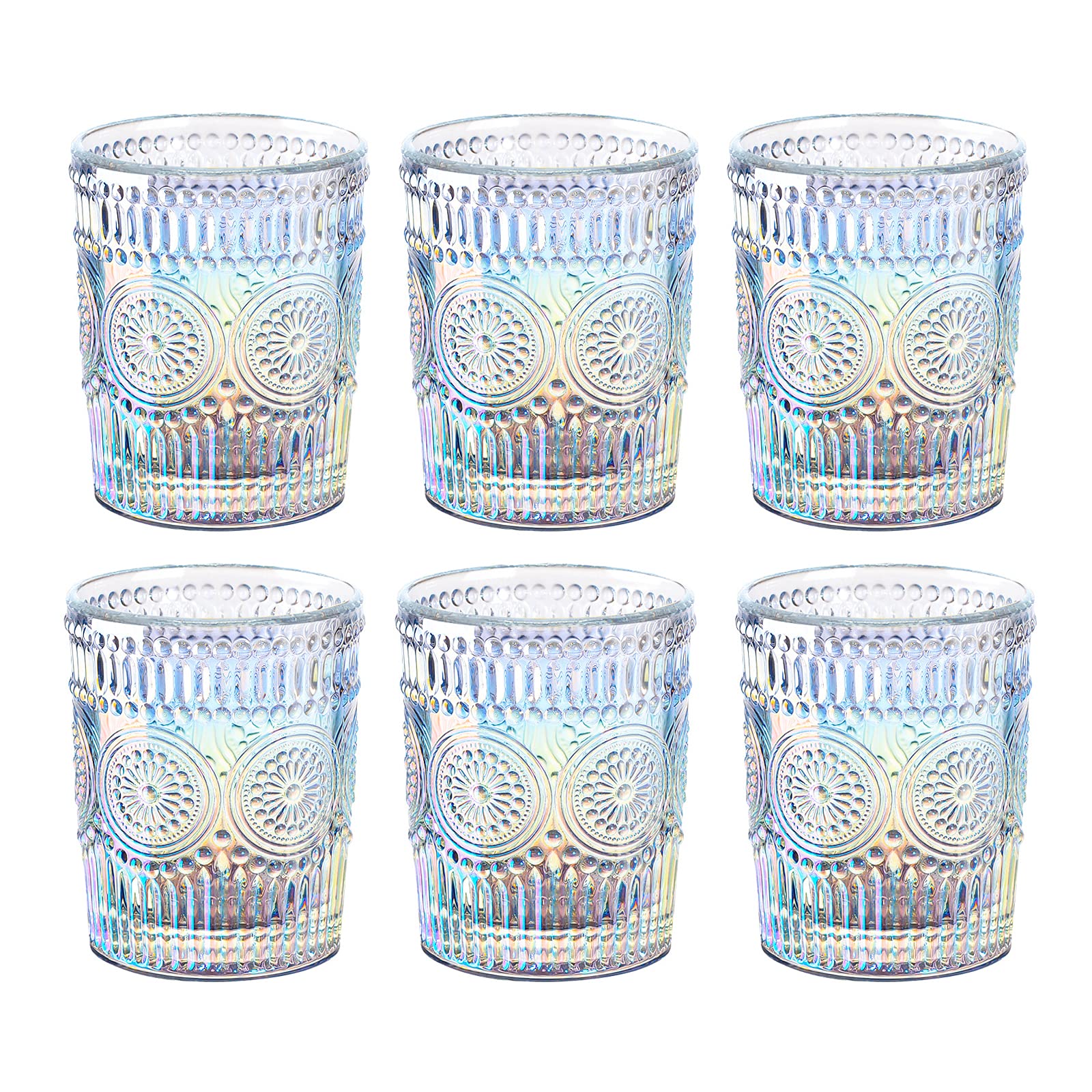 Joeyan 300ml Iridescent Romantic Drinking Glasses Set of 6, Rainbow Embossed Water Glasses, Colored Vintage Glassware Tumblers for Water, Juice, Cocktail, Beverages