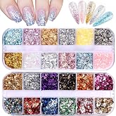 24 Grid Holographic Nail Art Foil Flakes, EBANKU Nail Foil Flakes Glitter | Nail Sequins Confetti Gold Silver Irregular Glitter Mirror Effect Acrylic Nail Powders Nail Foil Paillette for Nail Decor