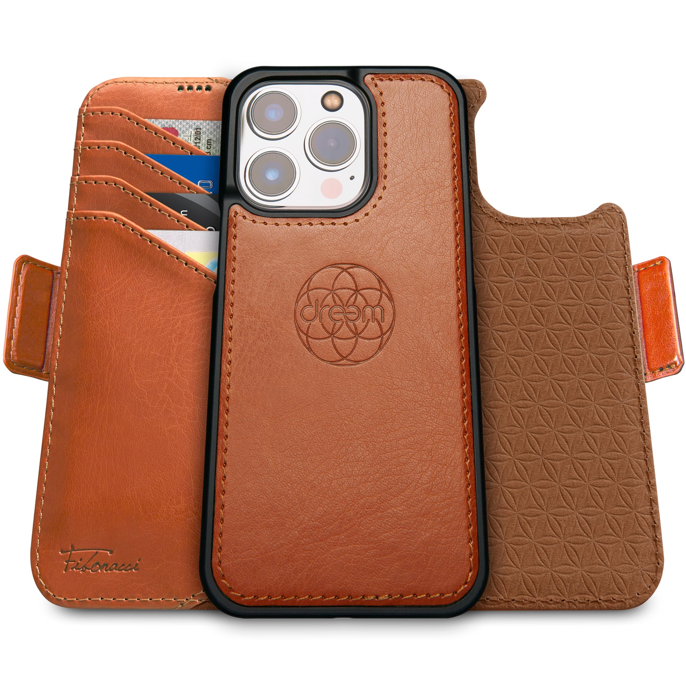 dreem Wallet Case for iPhone 15 Pro, Revolutionary Vert/Hor Phone Stand, Magnetic Detachable Vegan Leather Flip Cover RFID Blocking Card Holder, MagSafe-Fit, Gift Box [Fibonacci: Caramel] — image 1
