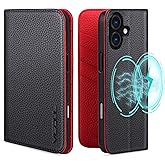 VISOUL Case for iPhone 16 Plus Wallet Case, Pebbled Genuine Leather Case Wallet Card Holders Kickstand Shockproof Flip Cover Compatible with iPhone 16 Plus (6.7”)-Black+Red