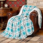 PTQ Electric Heated Blanket 50"x60",Fast Heated Throw with 8 Hours Auto Off/8 Heats Levels,Soft Blue Plaid Sherpa Electric Blanket with ETL Certification & Over-Heat Protection
