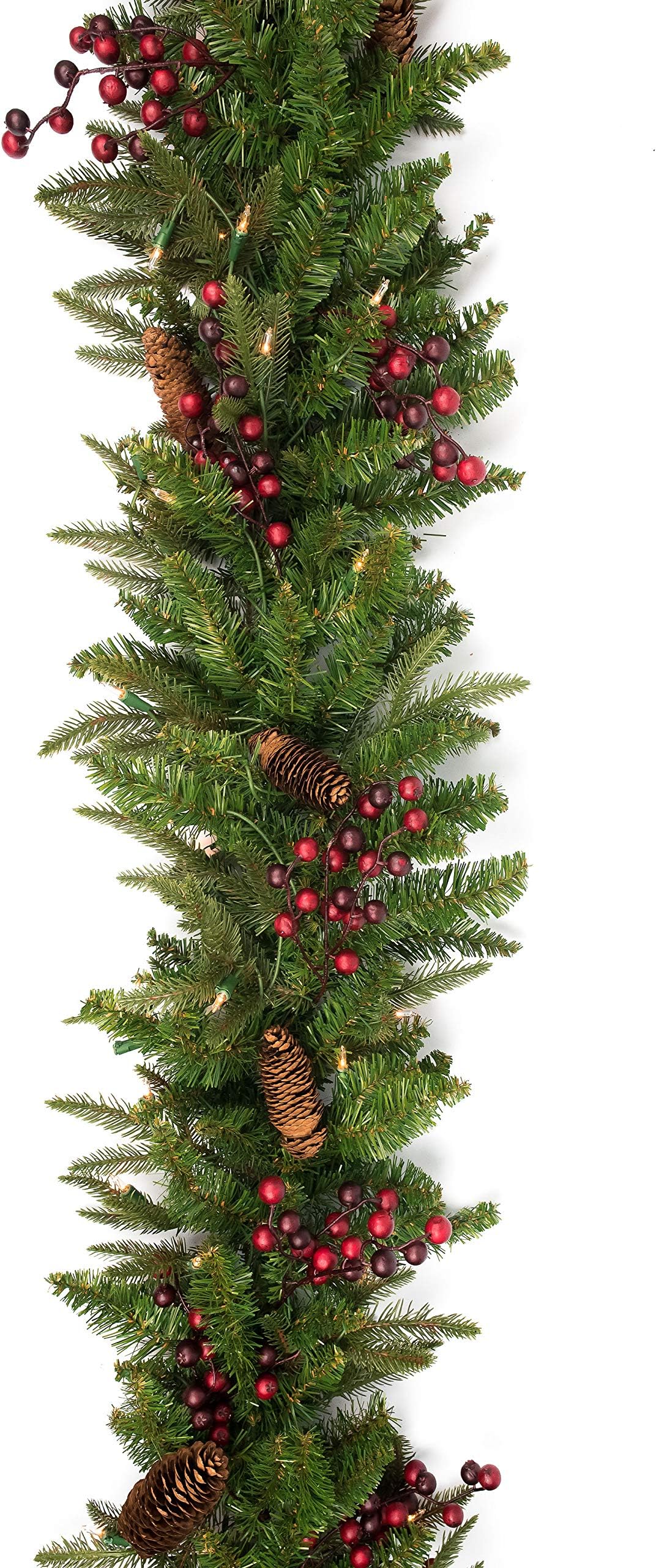 Vita Domi 9'x14 Wellington Fir Pine Spruce Decorative Garland 2 Tone Green with 480 Tips 70 Clear Lights Berries and Pinecones (Clear Lights)