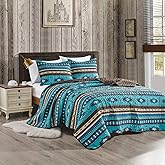 3-Piece Printed Oversize Queen Size Quilt Set, All-Season Bedspread, Native American Tribal Navajo Pattern Coverlet with Pillow Shams Bed Cover (Turquoise Blue, Brown, Khaki, Southwestern)