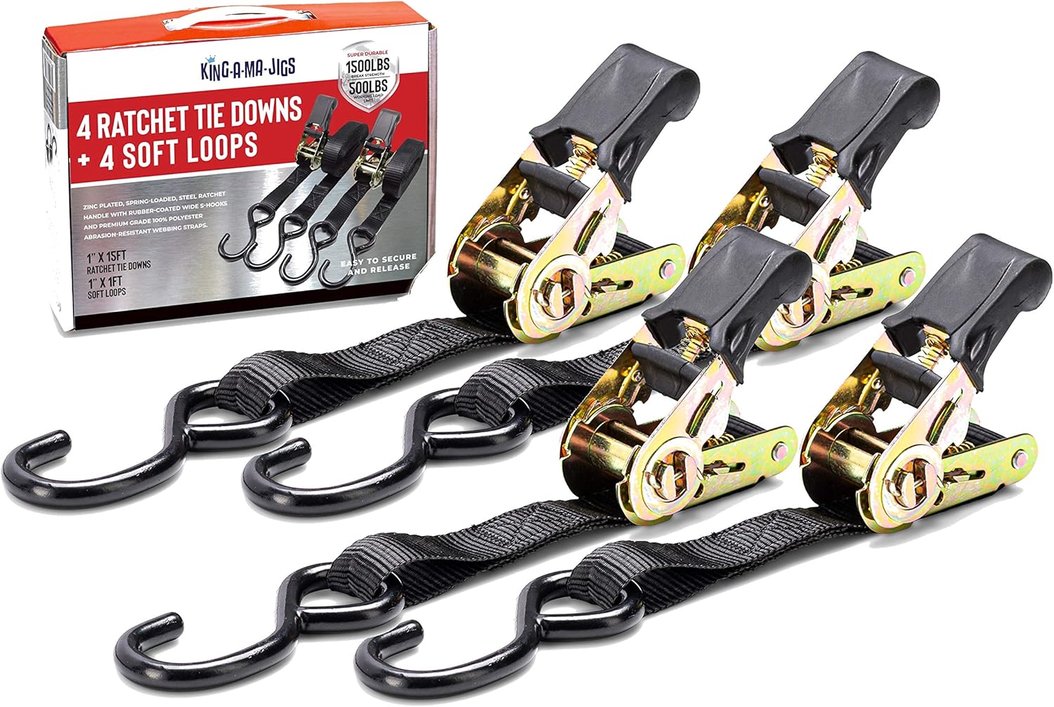 (8 Pack) 4 Ratchet Tie Down Straps with SHooks + 4 Soft Loops Heavy
