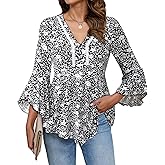 VALOLIA Women Dressy Casual Blouses 3/4 Length Ruffle Sleeve Lace V Neck Peplum Tunic Babydoll Tops 2025 Trendy