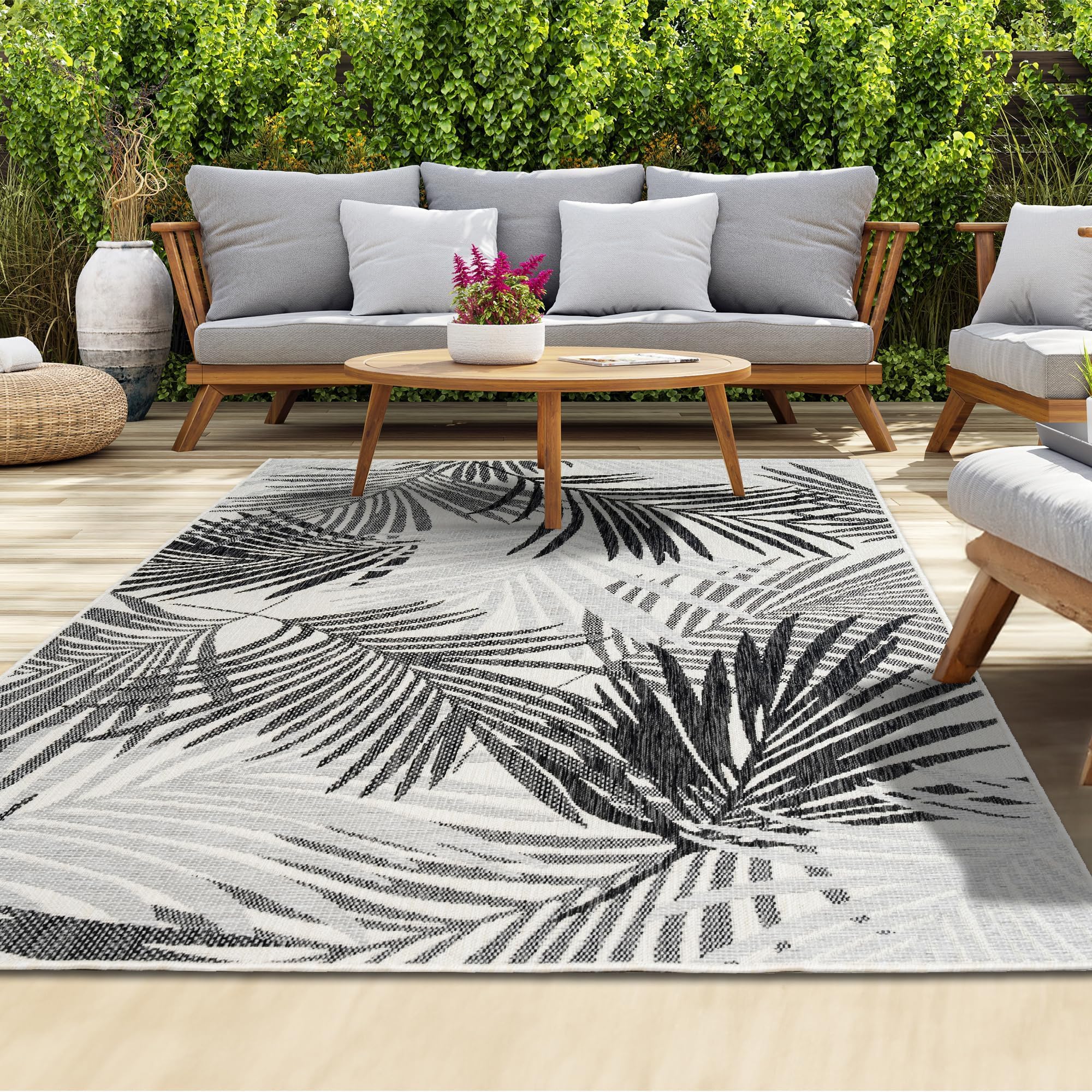 homeart Outdoor Rug - Easy-Clean, Durable, Stain-Resistant, Weather & UV Resistant Indoor & Outdoor Rugs for Porch, Deck, Balcony, Garden, Picnic and Patio | Palm Black, Grey - 80x150cm