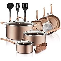NutriChef 14-Piece Nonstick Cookware PTFE/PFOA/PFOS-Free Heat Resistant Lacquer Kitchen Ware Set w/Saucepan, Frying Pans…
