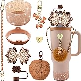 SEMATA Bling Accessories for Stanley Cup 40oz & 30oz Tumbler Including Silicone Cute Bow Straw Topper Cover, Silicone Boot for Stanley Cup,Leather Water Bottle Handle Strap, Charms(Brown)