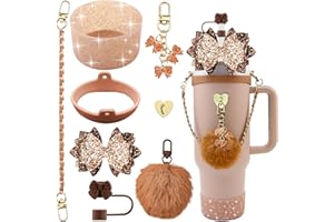 SEMATA Bling Stanley Cup Accessories for 40oz & 30oz Tumbler including Silicone Cute Bow Straw Topper Cover, Silicone Stanley Cup Boot,Leather Water Bottle Handle Strap, Charms(Brown)