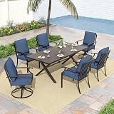 ALAULM 7-Piece Patio Dining Table and Chairs for 6 Outdoor Dining Set with 2 Swivel Chairs Patio Dining Sets with Rectangular Metal Table with Umbrella Hole for Patio, Backyard, Garden-Dark Blue