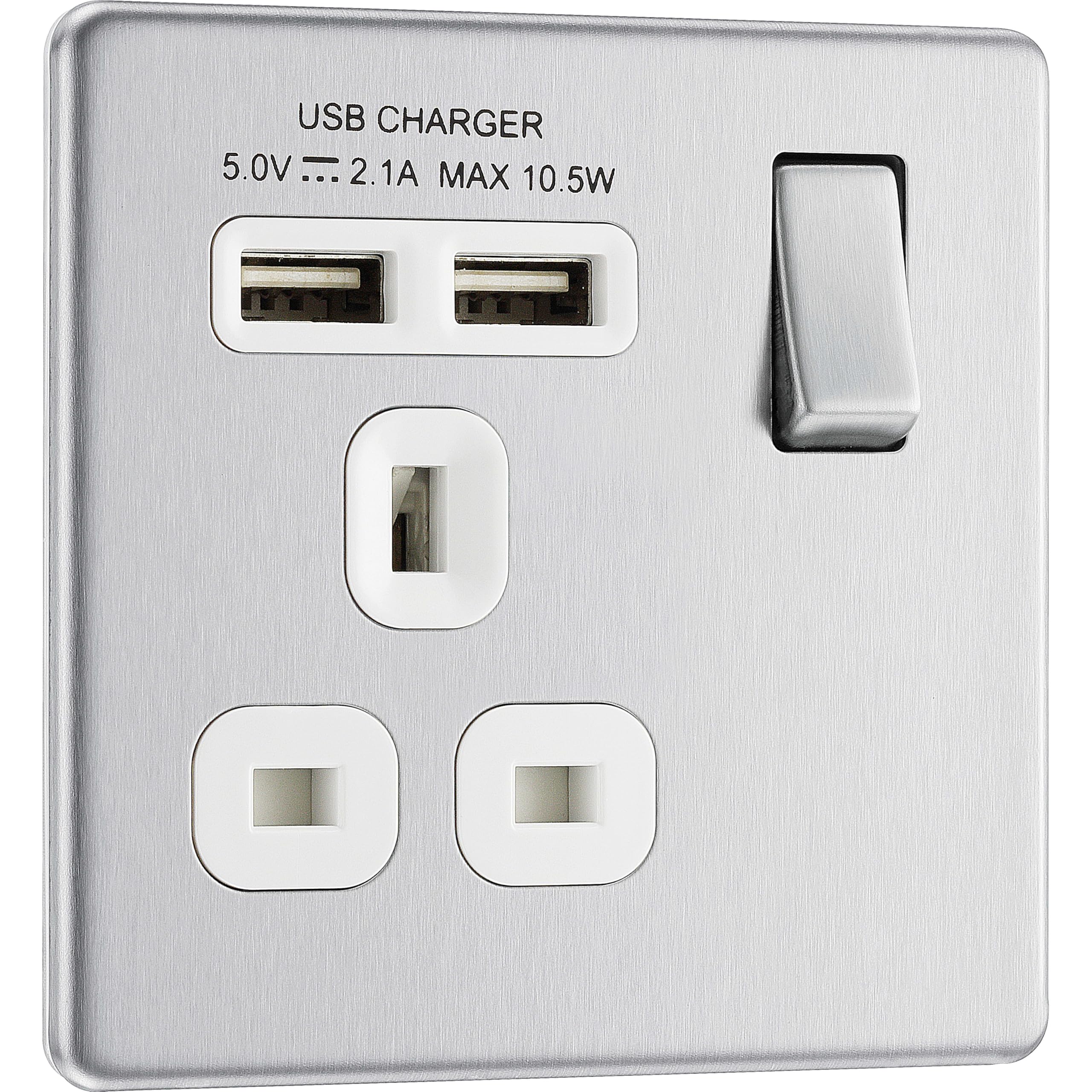 BG Electrical fbs21u2w 2.1 A Masterplug Single Socket with 2 x USB, Brushed Steel White Insert