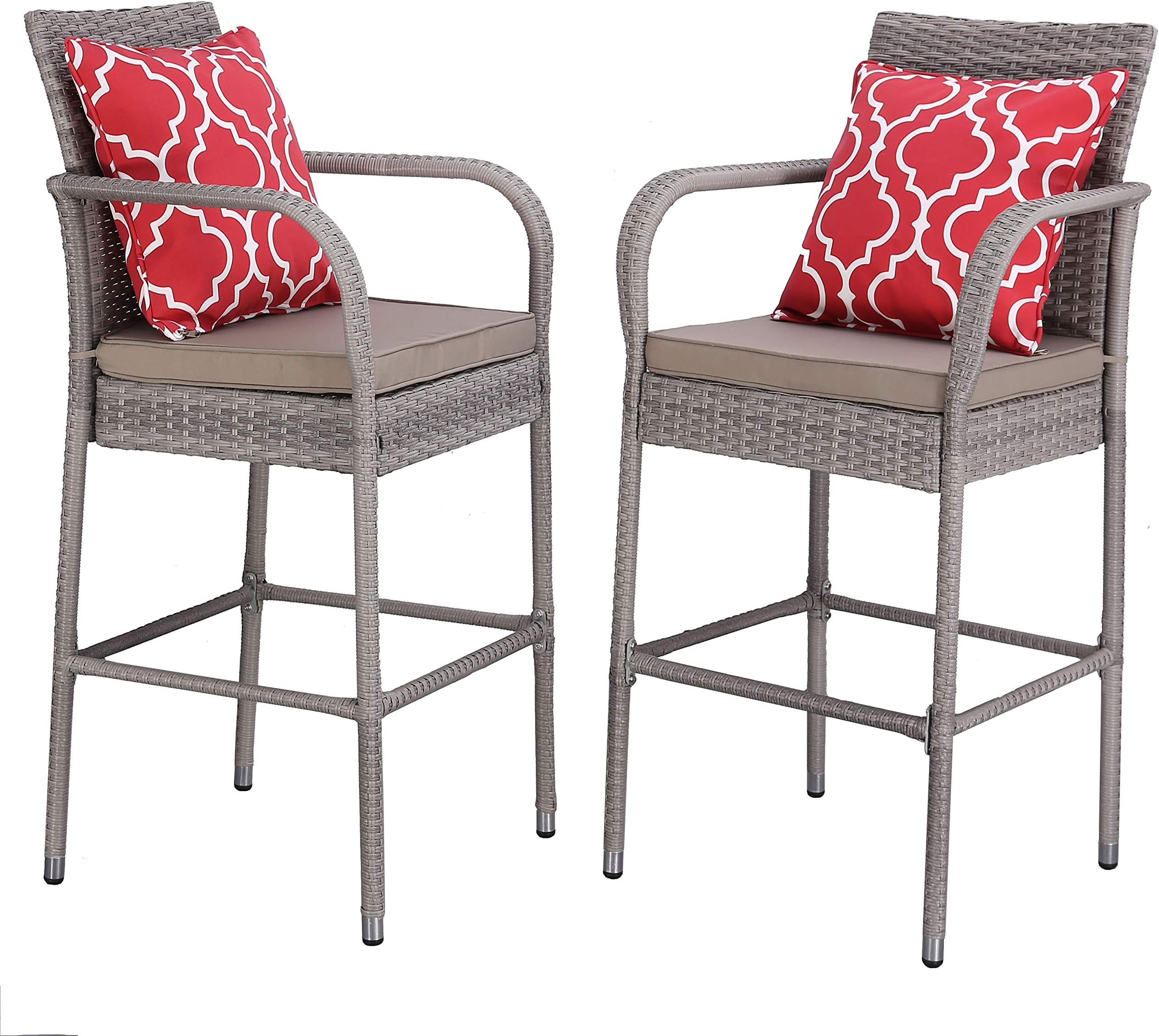 Do4U Set of 2 Patio Bar Stools All-Weather Wicker Outdoor Furniture Chair, Bar Chairs with Gray Cushions & Armrest & Footrest | Garden Pool Lawn Backyard | Steel Frame| Barstools (Gray)