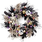 DecorbyHannah 24'' Skeleton Halloween Wreath with Lights for Front Door | Pre-Lit Collapsible Gothic Door Wreath Scary Skulls Roses Ball Ornaments Black Halloween Decor for Porch Wall Mantle Indoor