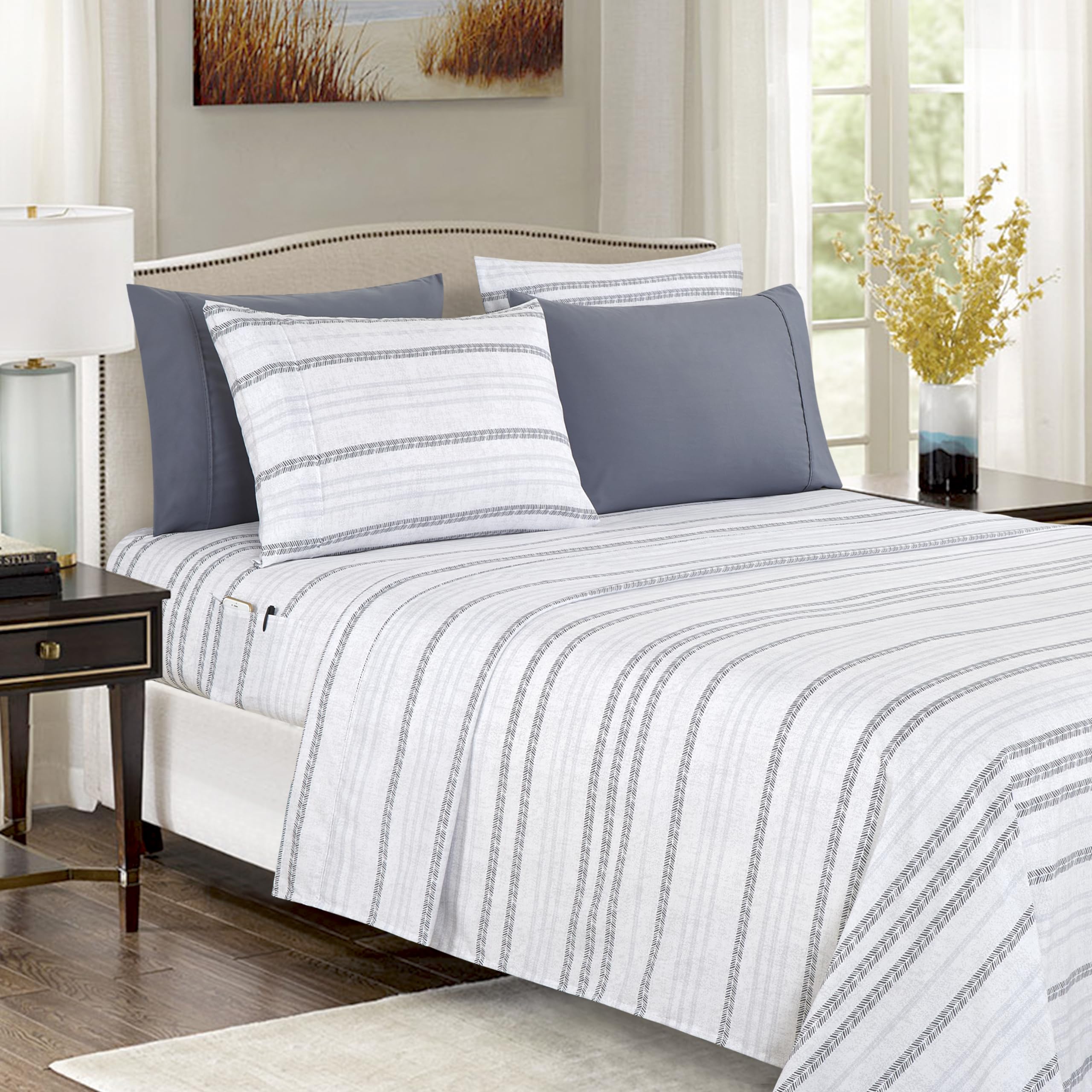 Elegant Comfort Softest and Coziest 6-Piece Sheet Set - 1500 Premium Hotel Quality Microfiber - Deep Pocket, Wrinkle Resistant 6-Piece Floral Bed Sheet Set, California King, Traci Gray Image