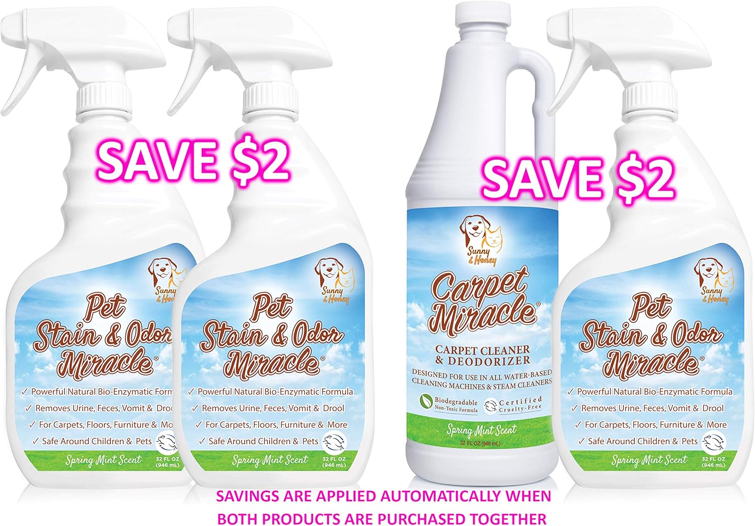 Pet Stain & Odor Miracle - The Best Enzyme Cleaner for Dog Urine Cat Pee Feces Vomit, Enzymatic Solution Cleans Carpet Rug Car Upholstery Couch Mattress Furniture, Natural Eliminator (S/M 32FL OZ): Kitchen & Dining