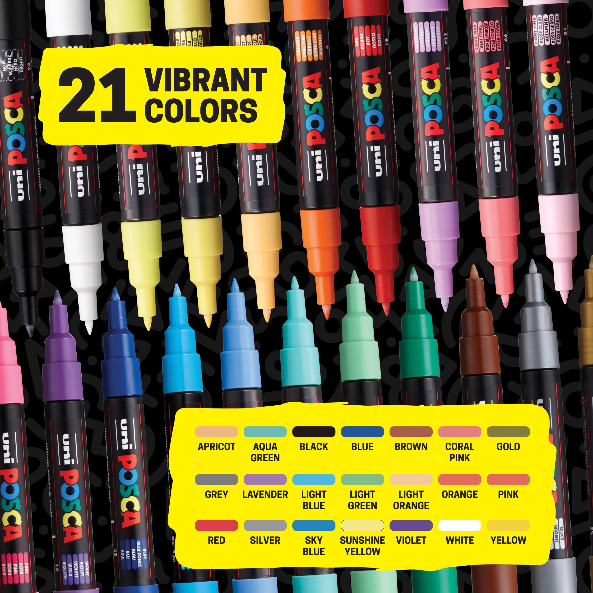 posca Top Selling Paint Markers, 1M Extra Fine Tips, Acrylic Artist Recommended Pens for Coloring Gifts, Decorations, Fabric, Canvas, Glass, Rocks or Metal, Set of 21
