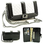 ZZYBIA® Black and White Crossbody/Wristlet Clutch 2 way Coin Zip Mobile Case Wallet Card Holder with Detechable Long Chain For most smartphones up to 6.5" x 3.5"