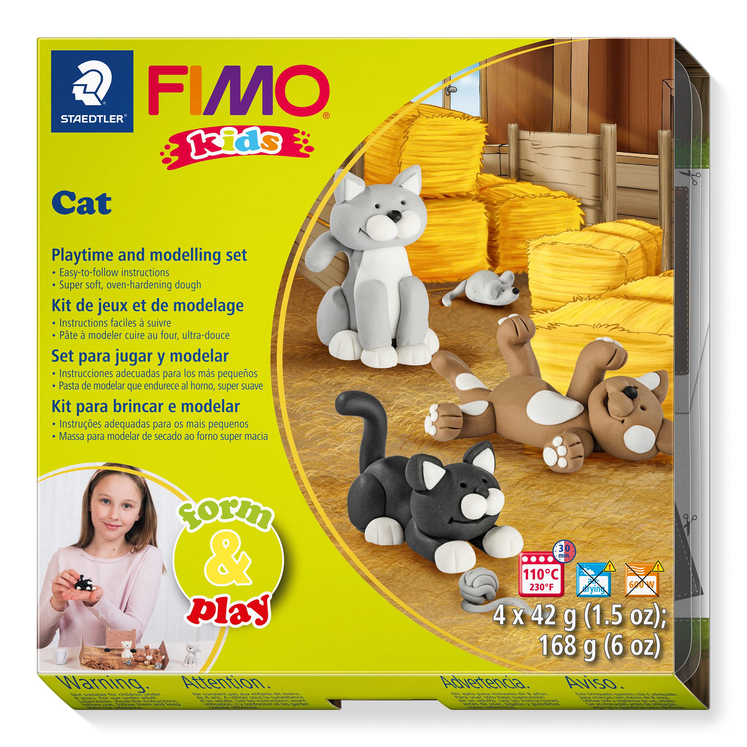 STAEDTLER 8034 16 LZ FIMO Kids Form&Play Playtime & Modelling Polymer Clay Set - "Cats" (Pack of 4 Blocks, Stickers, Modelling Tools & Background Scene)