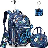 Meetbelify Rolling Backpack for Boys with Wheels Kids Travel Suitcase Laptop Luggage with Lunch Box Set for Boys Age 6-8