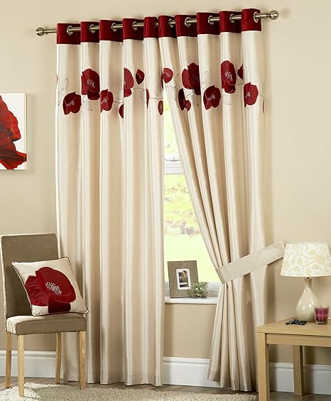 Perfecthome Eyelet Curtains Cream Red Faux Silk Curtains With