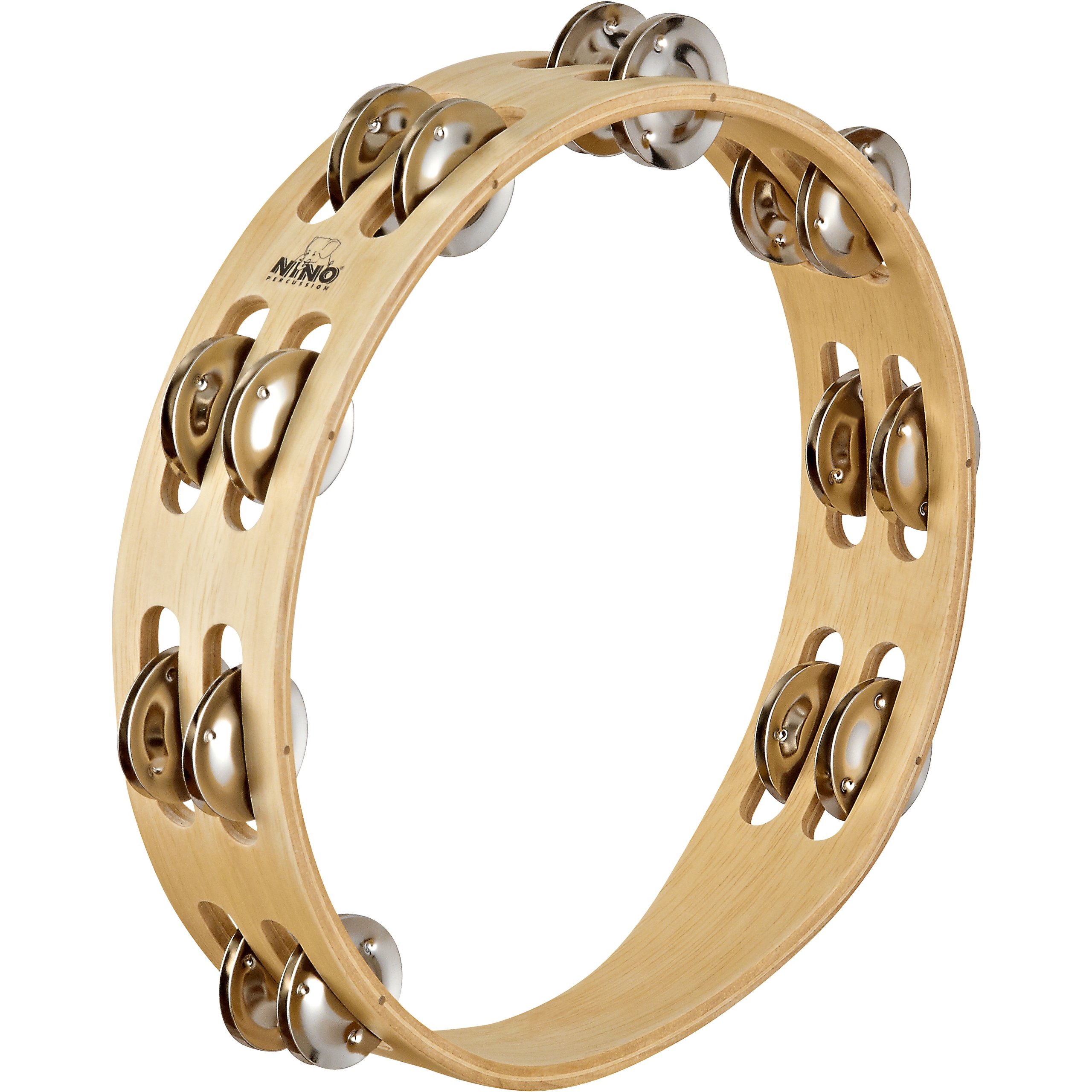 Nino Percussion Traditional Wood Trambourine - Musical Instrument for Children from 5 Years - Diameter 10 inch - 2 Rows Jingles - Siam Oak, Natural (NINO15)