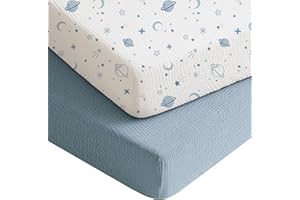 Konssy Muslin Crib Sheets for Boys, Soft Cotton Neutral Baby Sheets for Standard Crib Mattress 2 Pack, 52"x28" (Star,Blue)