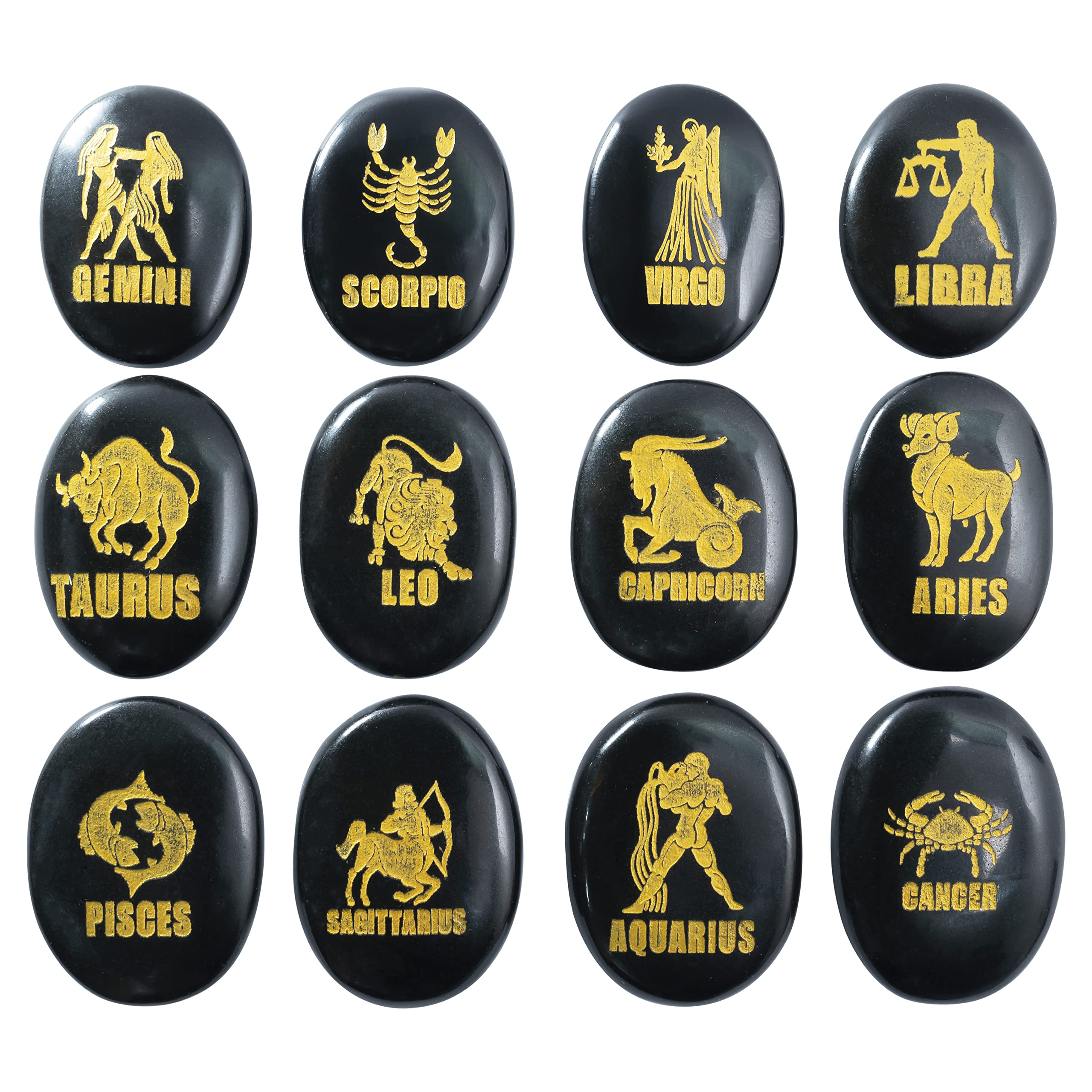 Crocon® black agate Zodiac or horoscope symbols engraved stones with name (set of 12) for reiki healing gemstone love crystals sun sign gift