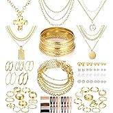 FANDY 137 Pieces Gold Jewelry Set for Women, 12 Necklace, 14 Bracelet, 21 Earrings, 24 Knuckle Rings, 66 Hair Accessory Gold Plated Jewelry Set for Women Gift