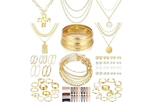 FANDY 137 Pieces Gold Jewelry Set for Women, 12 Necklace, 14 Bracelet, 21 Earrings, 24 Knuckle Rings, 66 Hair Accessory Gold Plated Jewelry Set for Women Gift